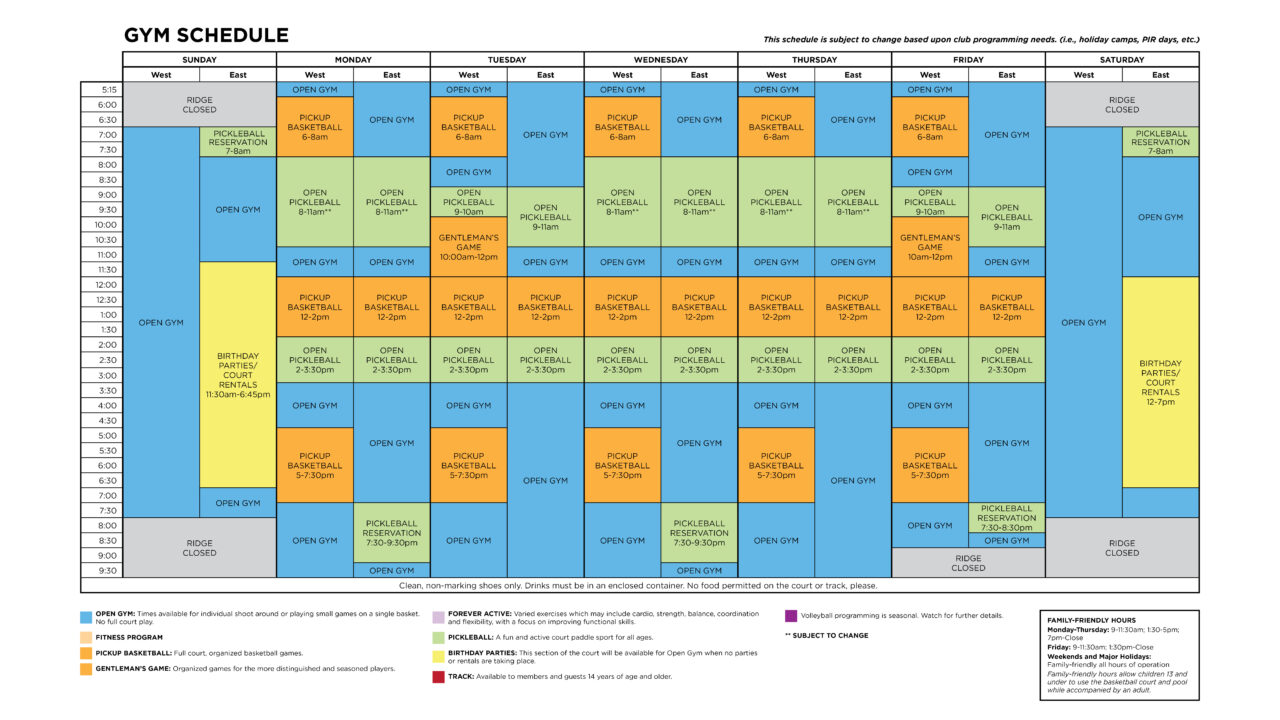Gym Schedule Ridge Athletic Clubs